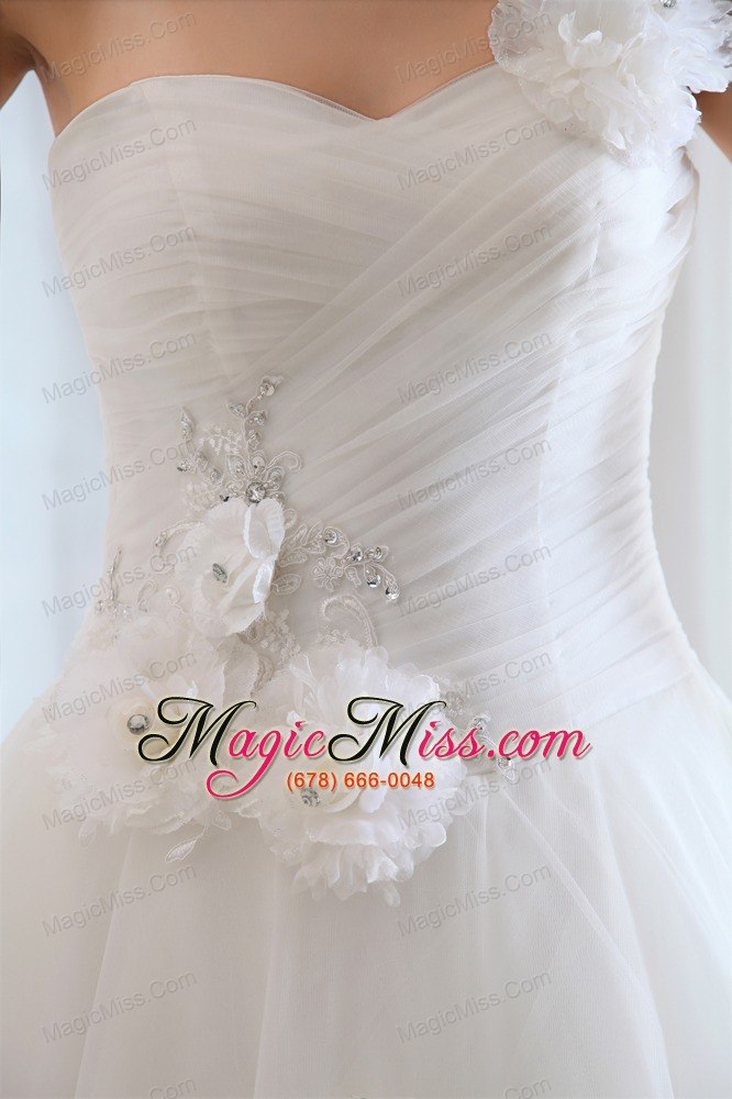 wholesale romantic a-line one shoulder floor-length tulle beading and hand made flowers wedding dress