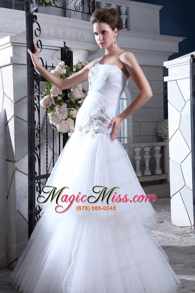 wholesale perfect mermaid one shoulder floor-length tulle beading and appliques wedding dress
