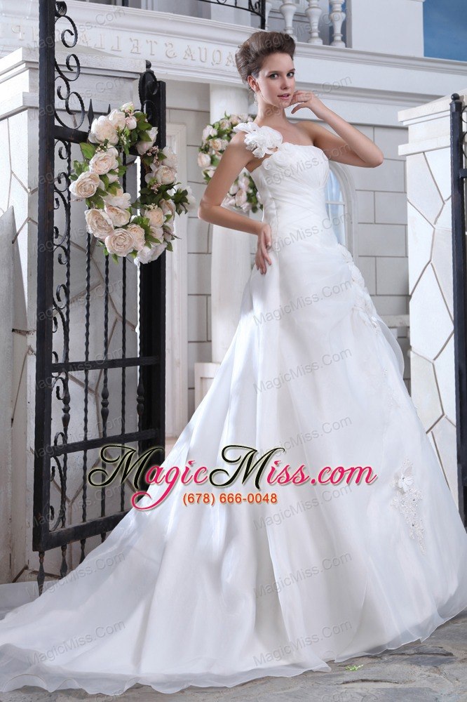 wholesale pretty a-line one shoulder court train organza ruch and hand made flowers wedding dress