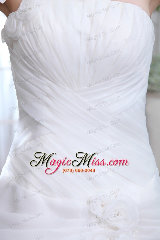 wholesale pretty a-line one shoulder court train organza ruch and hand made flowers wedding dress