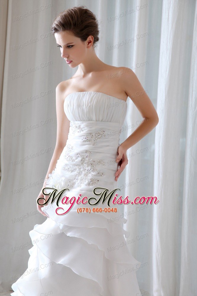 wholesale fashionable princess strapless court train organza beading and ruch wedding dress