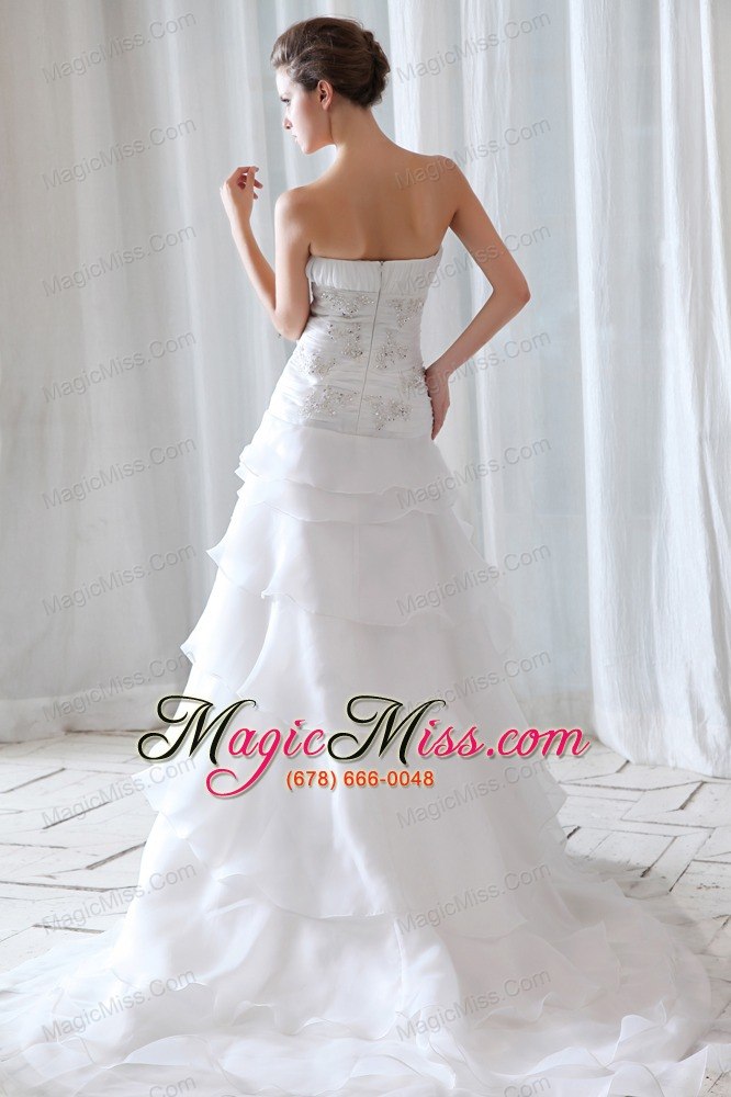 wholesale fashionable princess strapless court train organza beading and ruch wedding dress