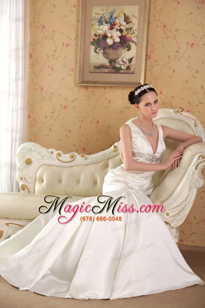 wholesale white mermaid v-neck court train satin beading wedding dress