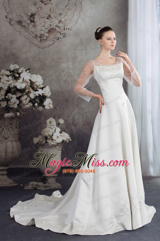 wholesale scoop long sleeves embroidery satin wedding dress