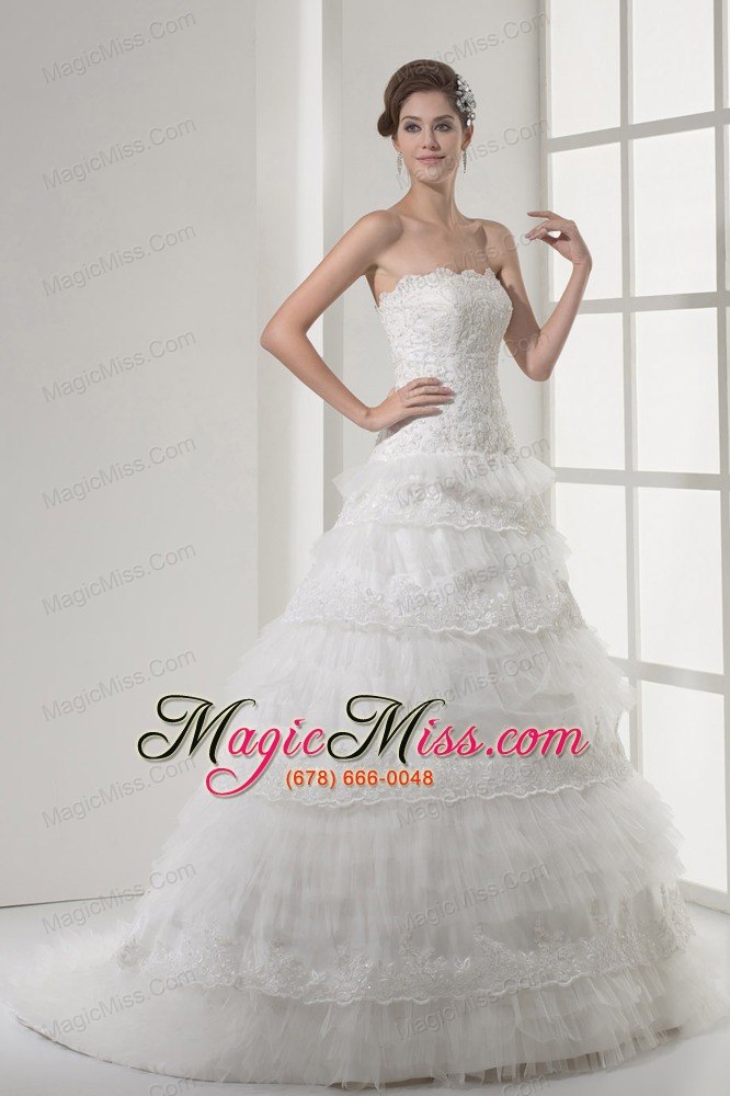 wholesale lace strapless a-line / princess wedding dress with brush train
