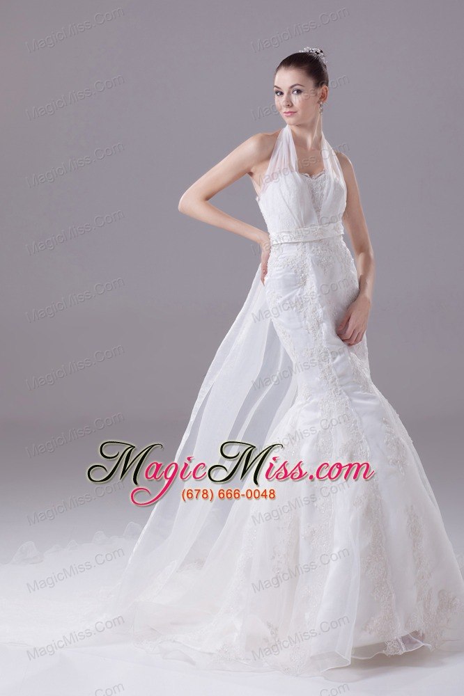 wholesale lace beading and appliques court train mermaid halter wedding dress