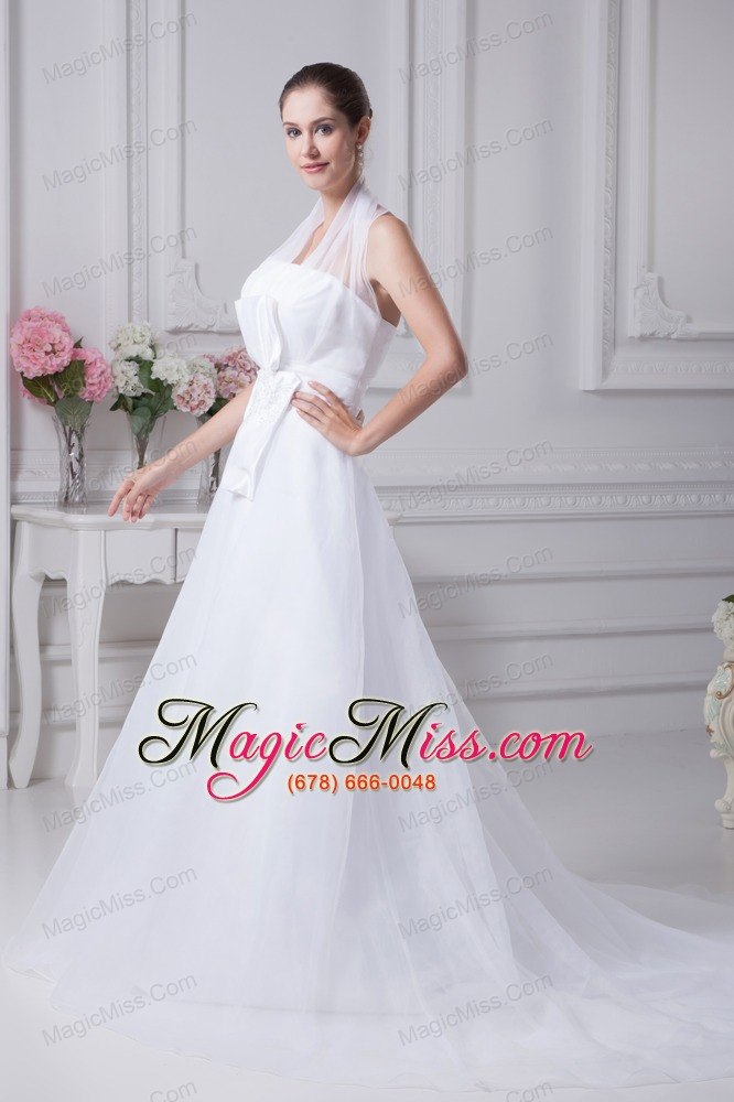 wholesale beading court train halter a-line wedding dress with fitted waist