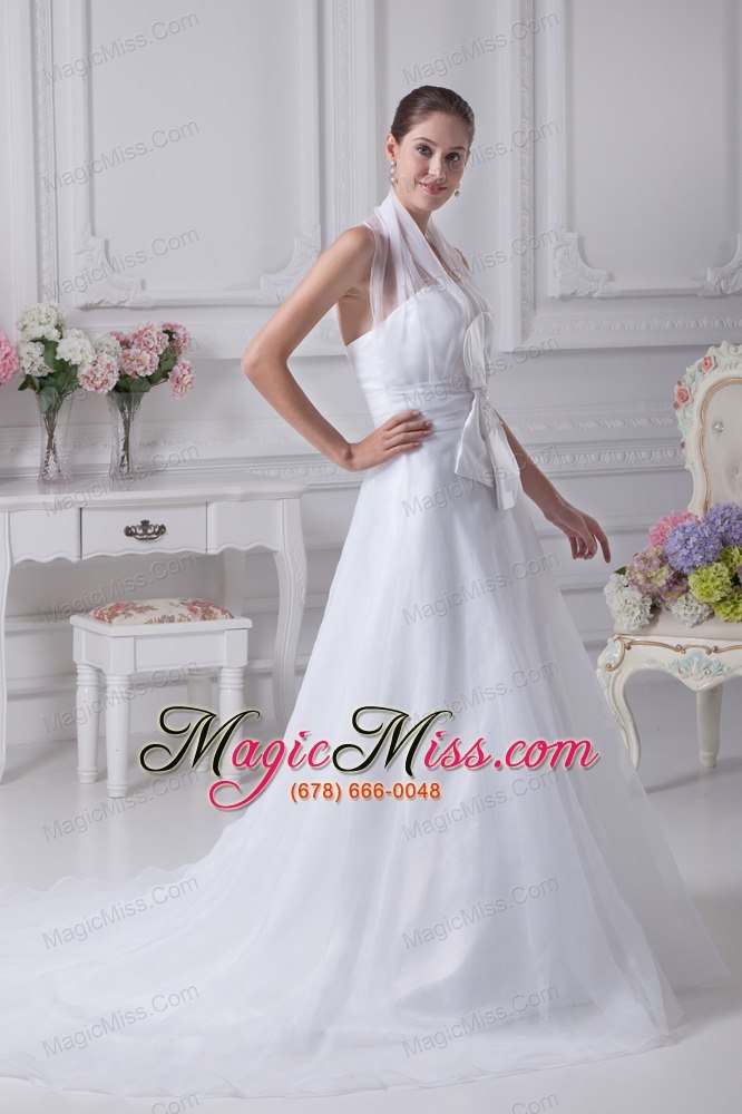 wholesale beading court train halter a-line wedding dress with fitted waist