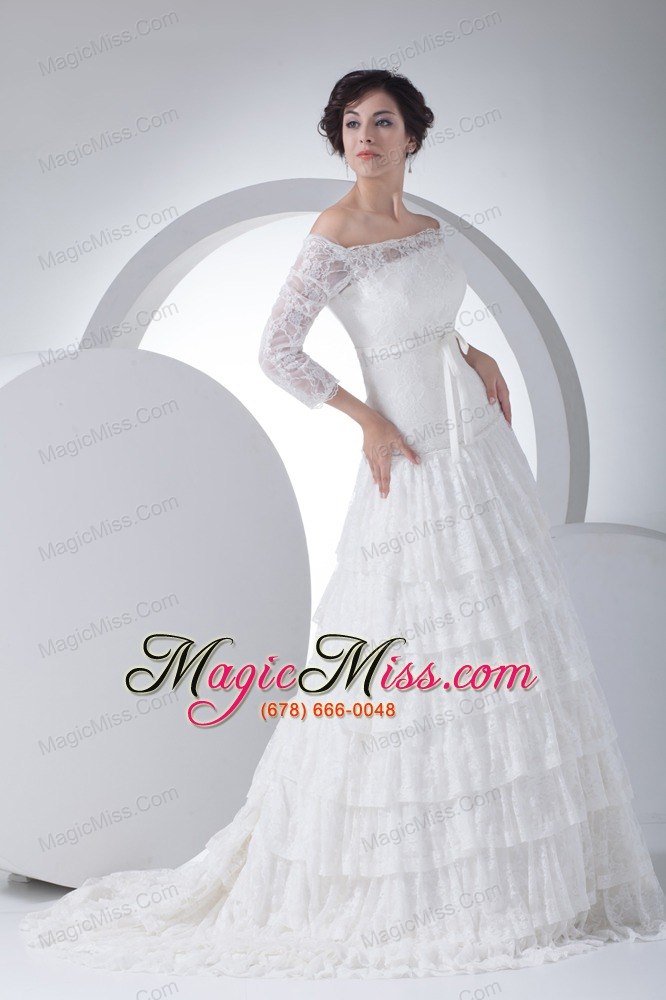 wholesale lace column off the shoulder court train wedding dress