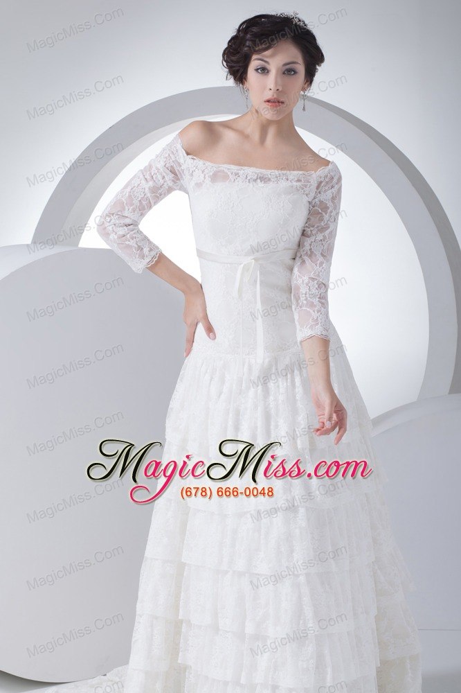 wholesale lace column off the shoulder court train wedding dress