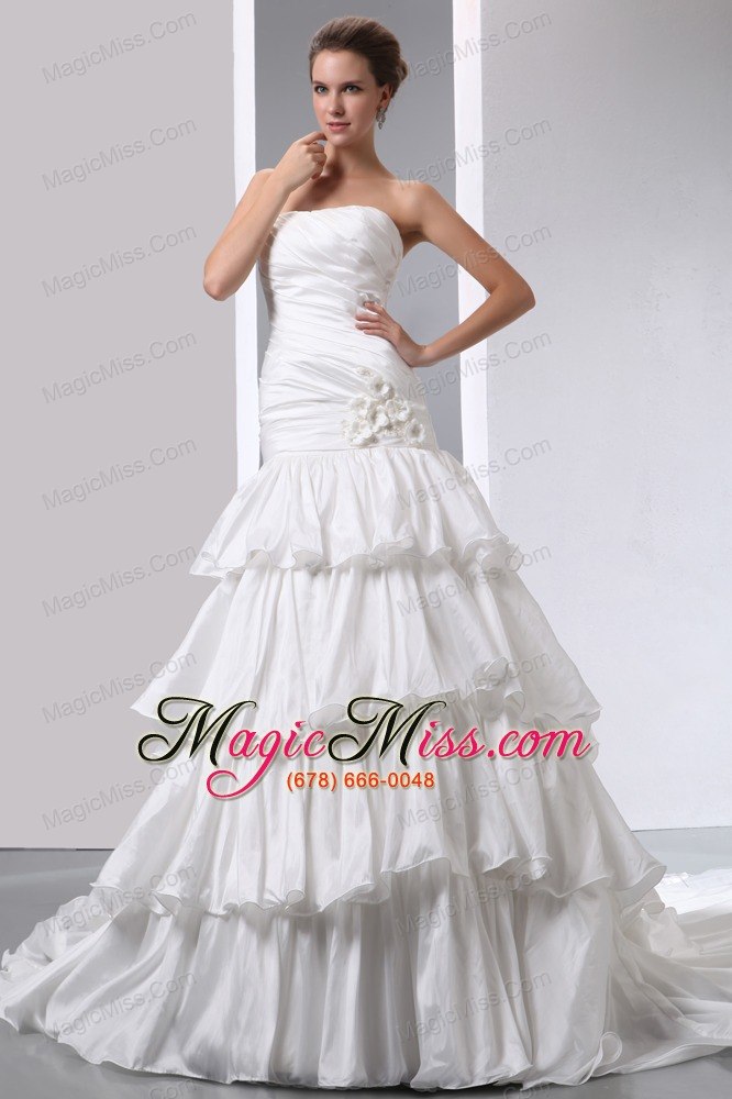 wholesale gorgeous a-line strapless court train taffeta hand made flower and ruch wedding dress