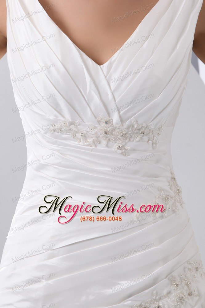 wholesale gorgeous a-line v-neck chapel train taffeta appliques with beading ruch wedding dress