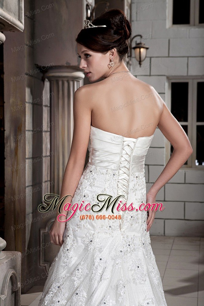 wholesale simple a-line strapless court train lace hand made flowers wedding dress