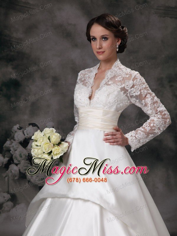 wholesale pretty a-line v-neck court train satin lace wedding dress