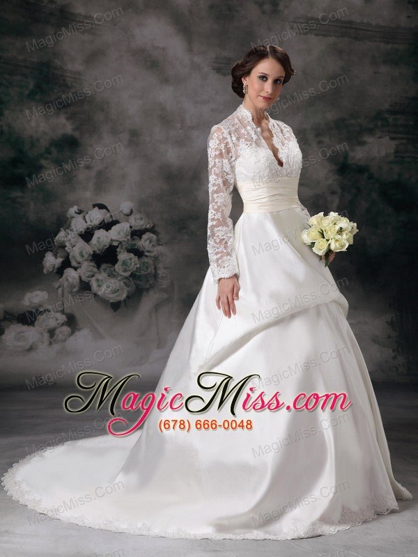 wholesale pretty a-line v-neck court train satin lace wedding dress