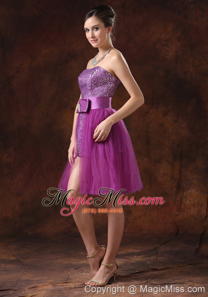 wholesale paillette over skirt strapless column / sheath fuchsia mini-length prom dress sashes/ribbons