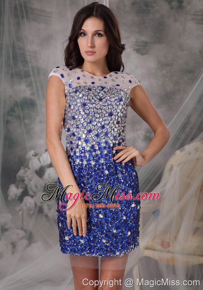wholesale royal blue column / sheath scoop mini-length tulle beading prom dress