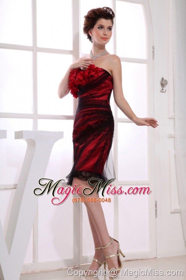 wholesale one shoulder column tulle hand made flowers knee-length red prom dress