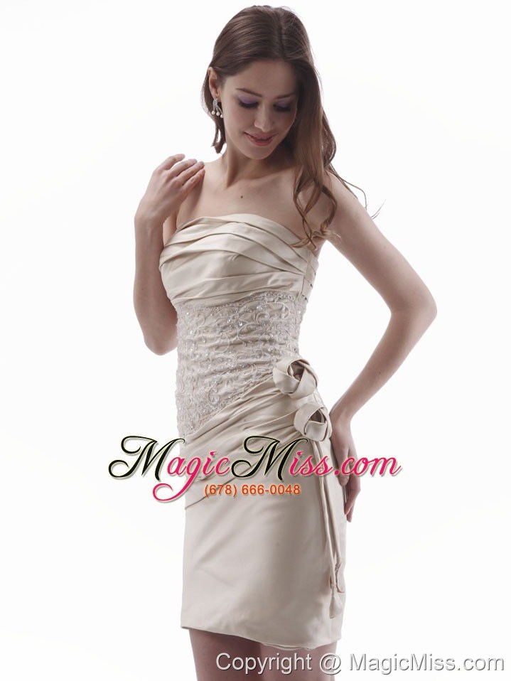 wholesale champagne column cocktail dress with hand made flower and appliques mini-length