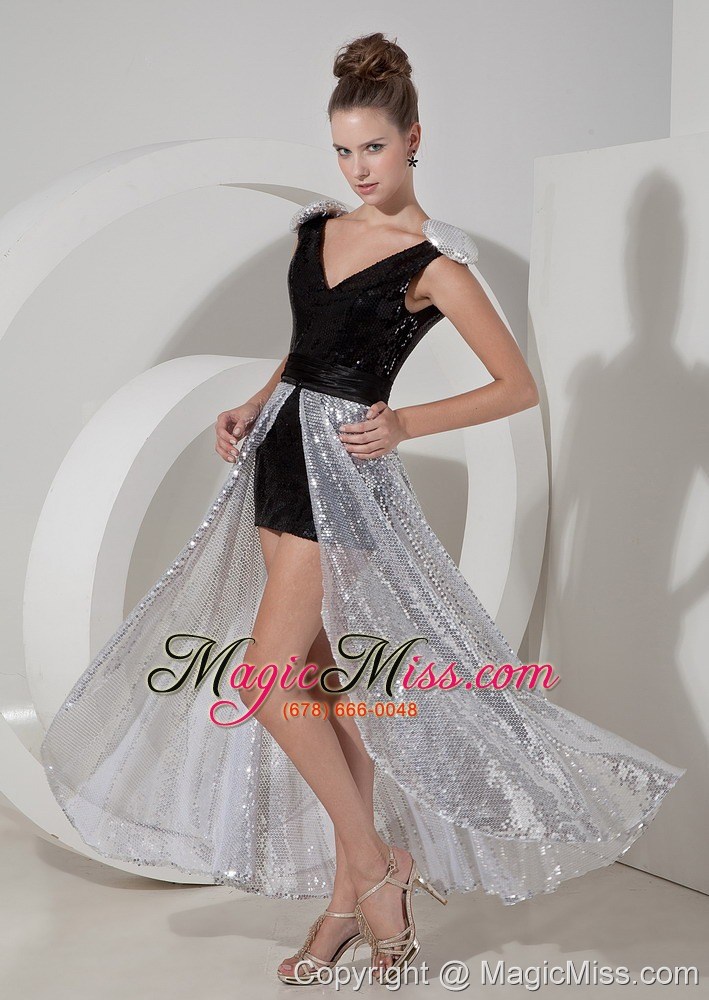 wholesale black column v-neck mini-length sequin detachable prom dress