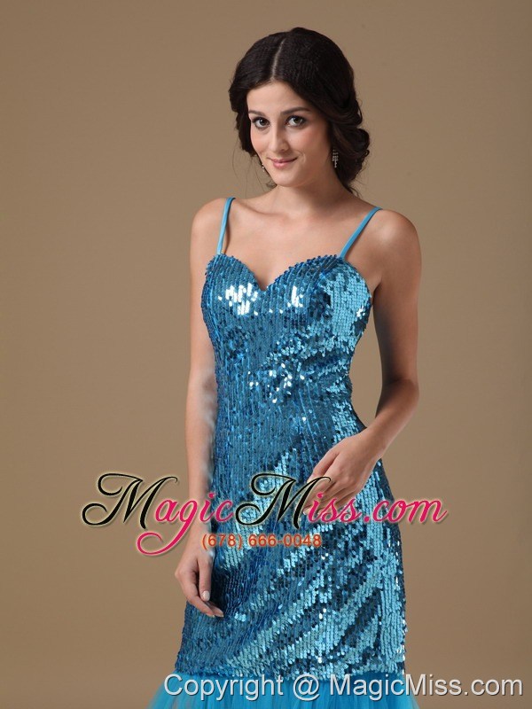 wholesale blue column straps knee-length sequin beading prom dress