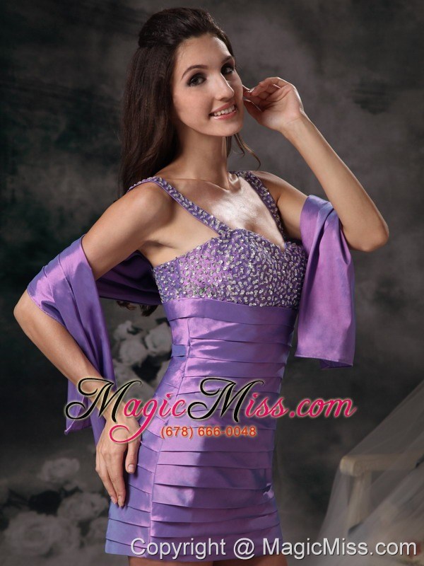 wholesale purple column straps mini-length taffeta beading prom dress