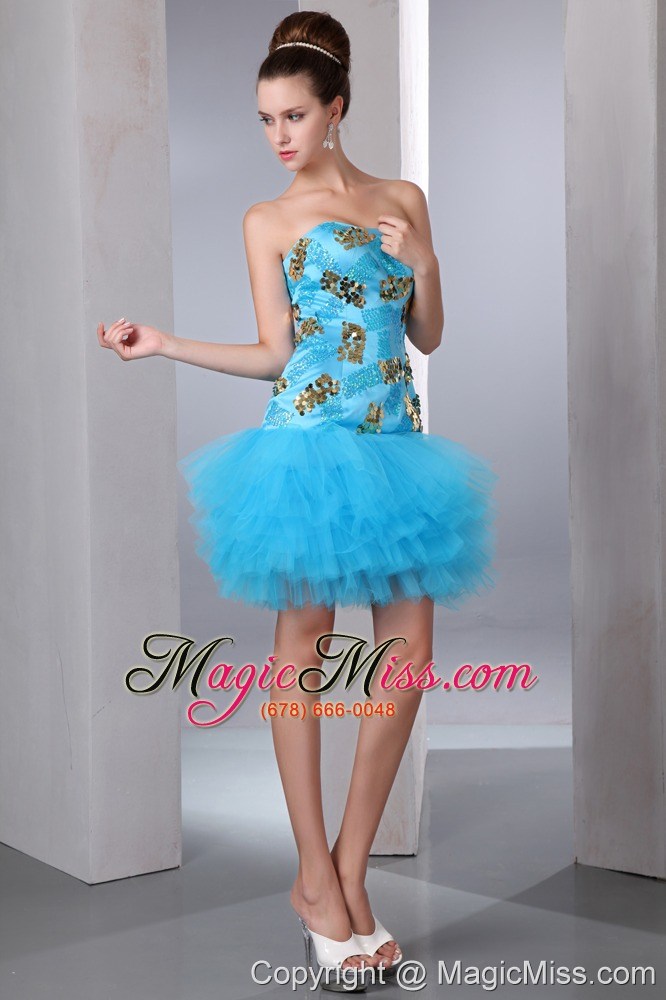 wholesale aqua blue a-line strapless mini-length tulle and taffeta sequins prom dress
