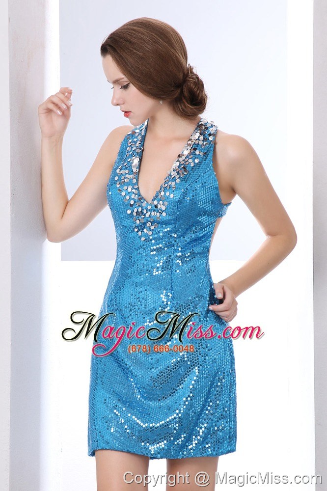 wholesale blue column v-neck mini-length sequin sequins prom dress