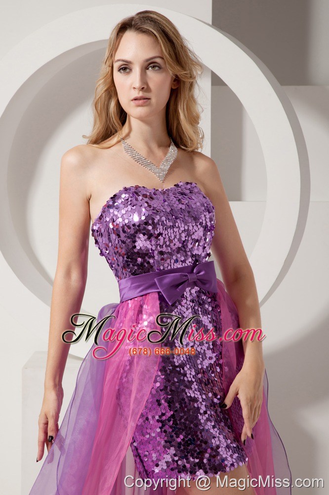 wholesale purple and pink column strapless high-low sequin and chiffon prom dress