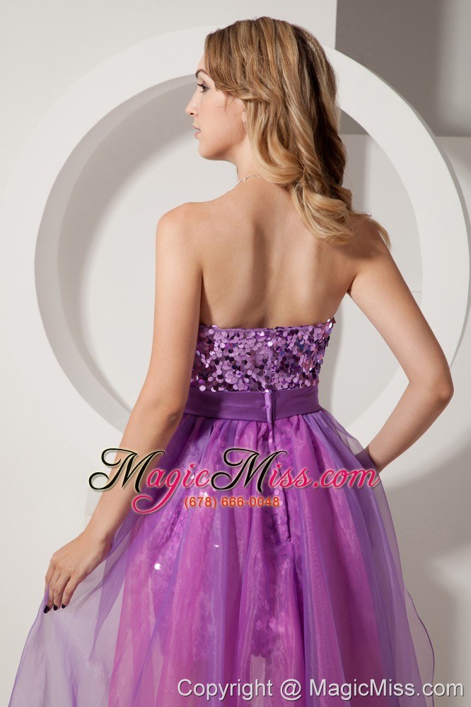 wholesale purple and pink column strapless high-low sequin and chiffon prom dress