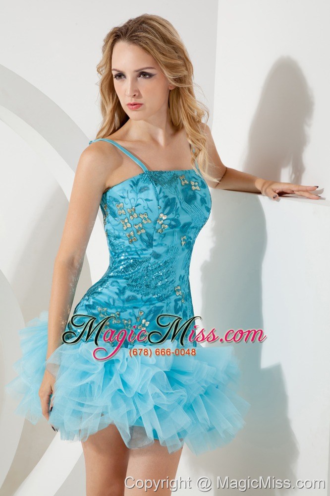 wholesale aqua blue a-line / pricess straps mini-length tulle and sequin prom / homecoming dress
