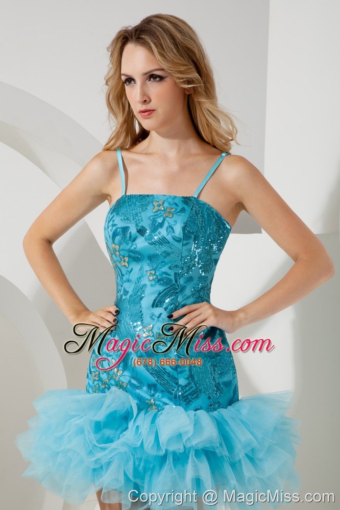 wholesale aqua blue a-line / pricess straps mini-length tulle and sequin prom / homecoming dress