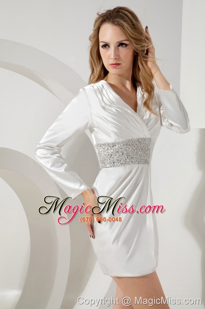 wholesale white column v-neck mini-length taffeta beading prom / homecoming dress
