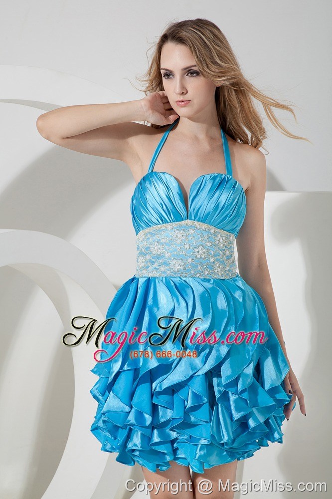 wholesale baby blue column halter lace short prom dress mini-lengrh taffeta
