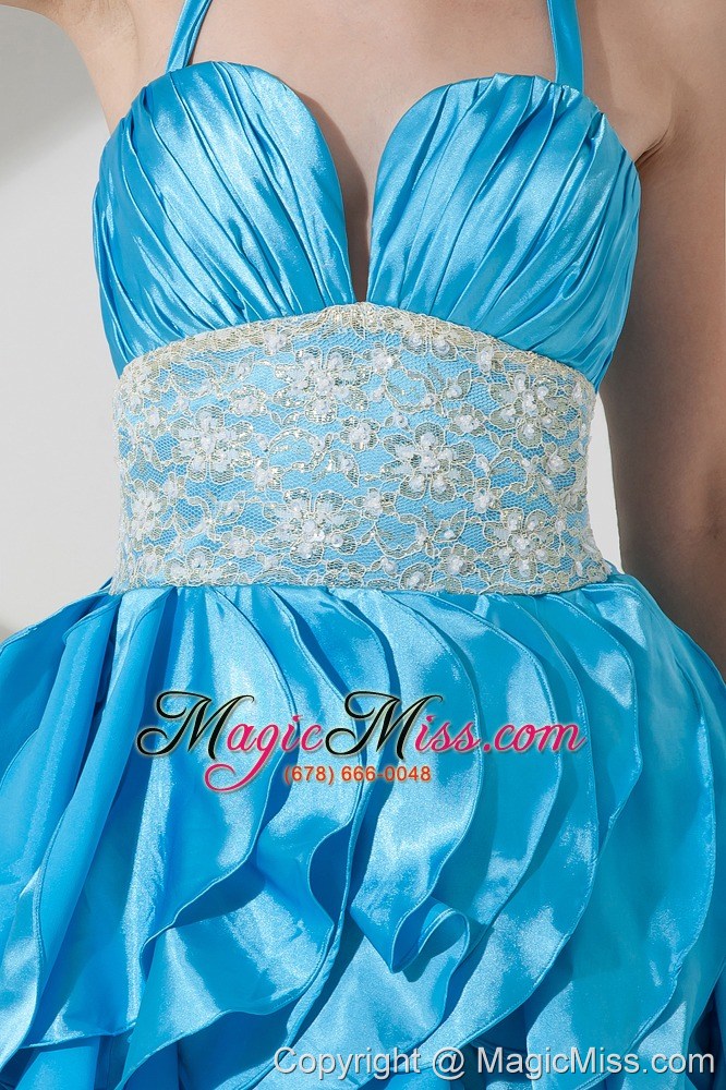 wholesale baby blue column halter lace short prom dress mini-lengrh taffeta