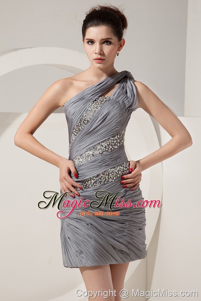 wholesale grey column one shoulder mini-length chiffon beading prom dress