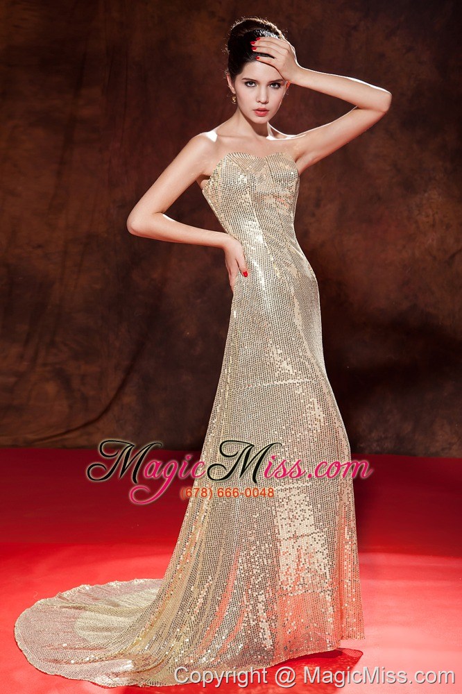 wholesale luxurious champagne evening dress empire sweetheart sequin brush train