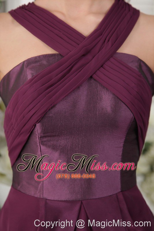 wholesale purple column / sheath asymmetrical short satin and chiffon bridesmaid dress