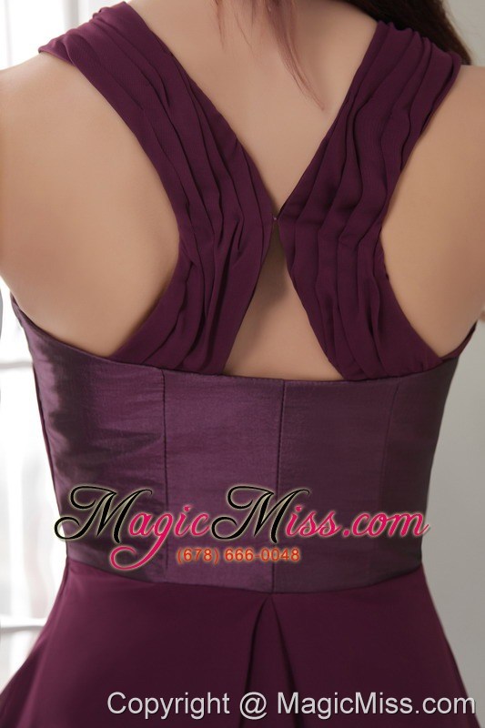 wholesale purple column / sheath asymmetrical short satin and chiffon bridesmaid dress