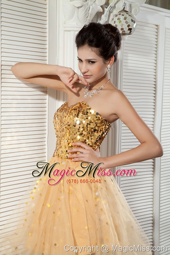 wholesale light yellow a-line / pricess sweetheart mini-length organza sequins prom / homecoming dress