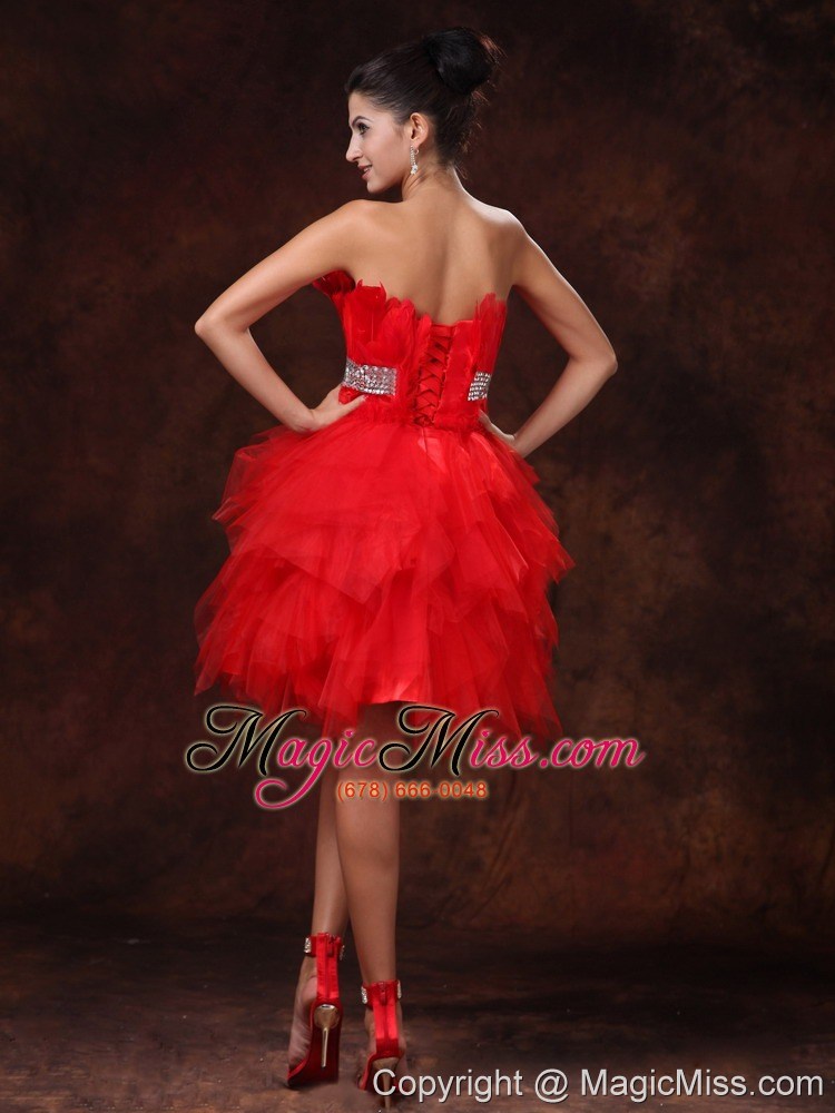 wholesale red feather tulle beaded decorate waist a-line customize short prom gowns with strapless for 2013