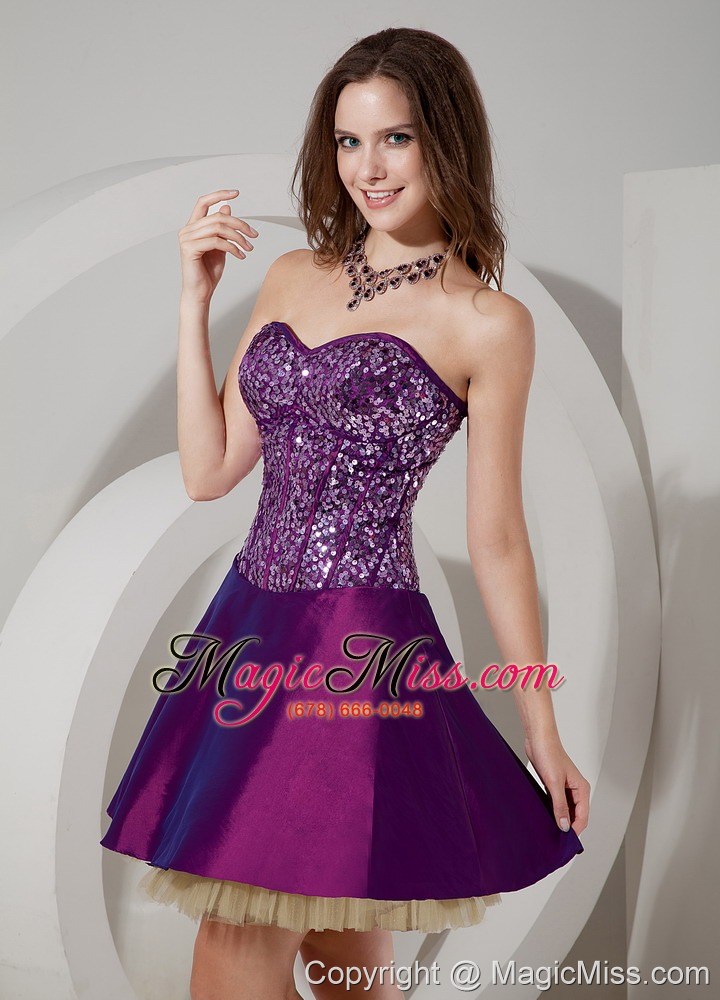 wholesale purple a-line sweetheart mini-length taffeta and sequin and tulle prom dress