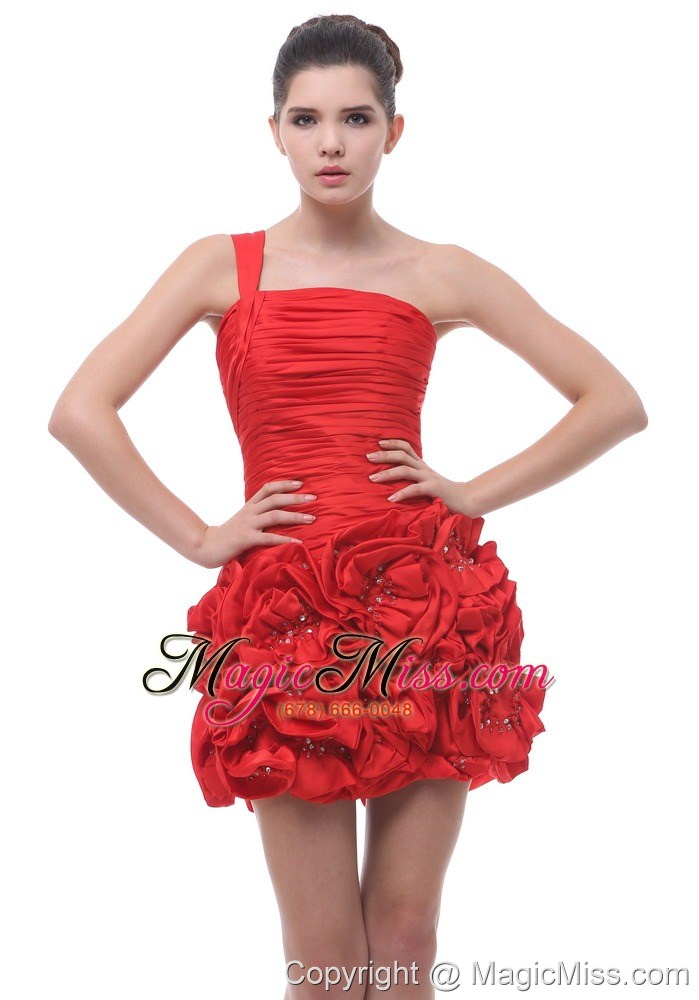 wholesale auburn hills one shoulder hand made flowers with beading ruch mini-length red 2013 prom / homecoming dress