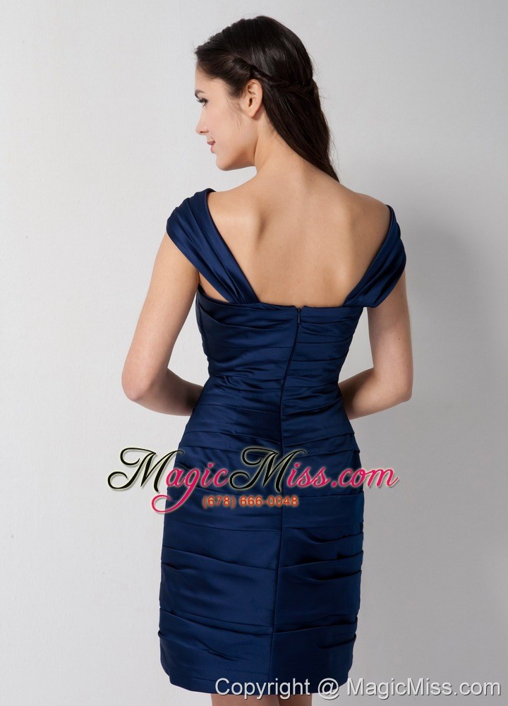 wholesale navy blue column asymmetrical mini-length taffeta ruch bridesmaid dress