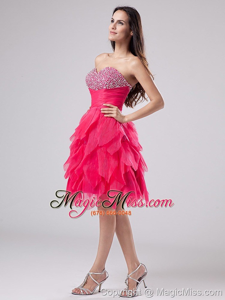 wholesale beaded decorate bust sweetheart for coral red prom / cocktail dress with ruffles knee-length