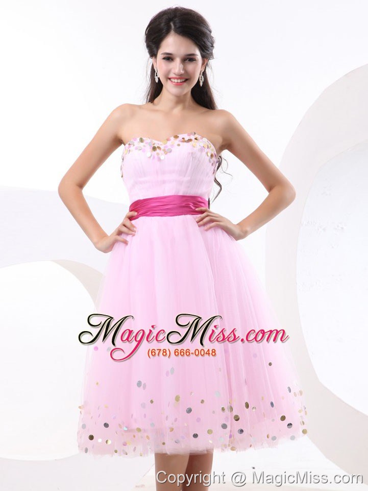 wholesale beautiful prom dress with baby pink sequins and sash