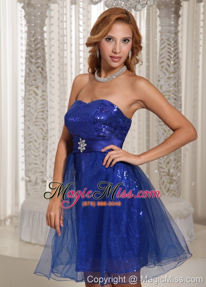 wholesale a-line peacock blue sequins over skirt mini-length strapless prom dress online