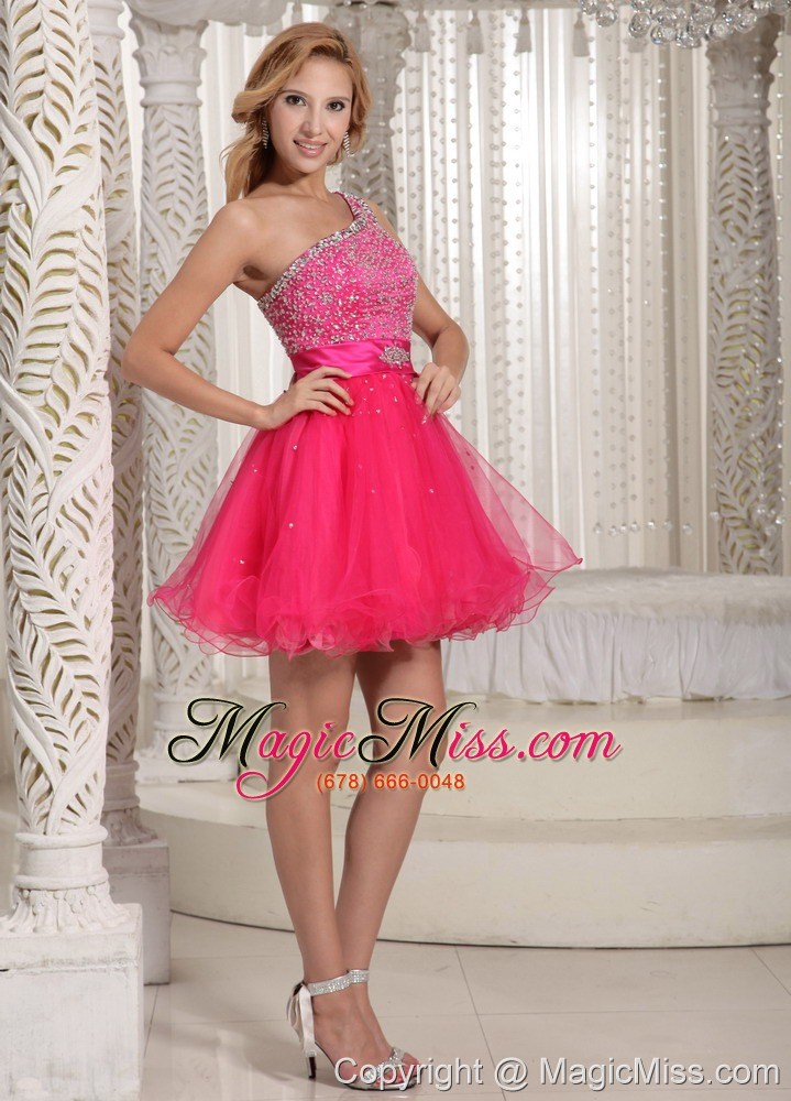 wholesale one shoulder beaded decorate bust sweet prom dress with hot pink in texas