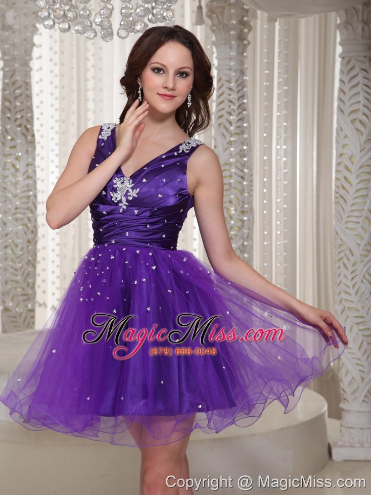 wholesale custom made v-neck purple organza prom dress with beaded bodice