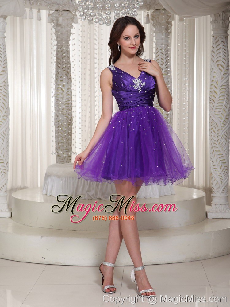 wholesale custom made v-neck purple organza prom dress with beaded bodice